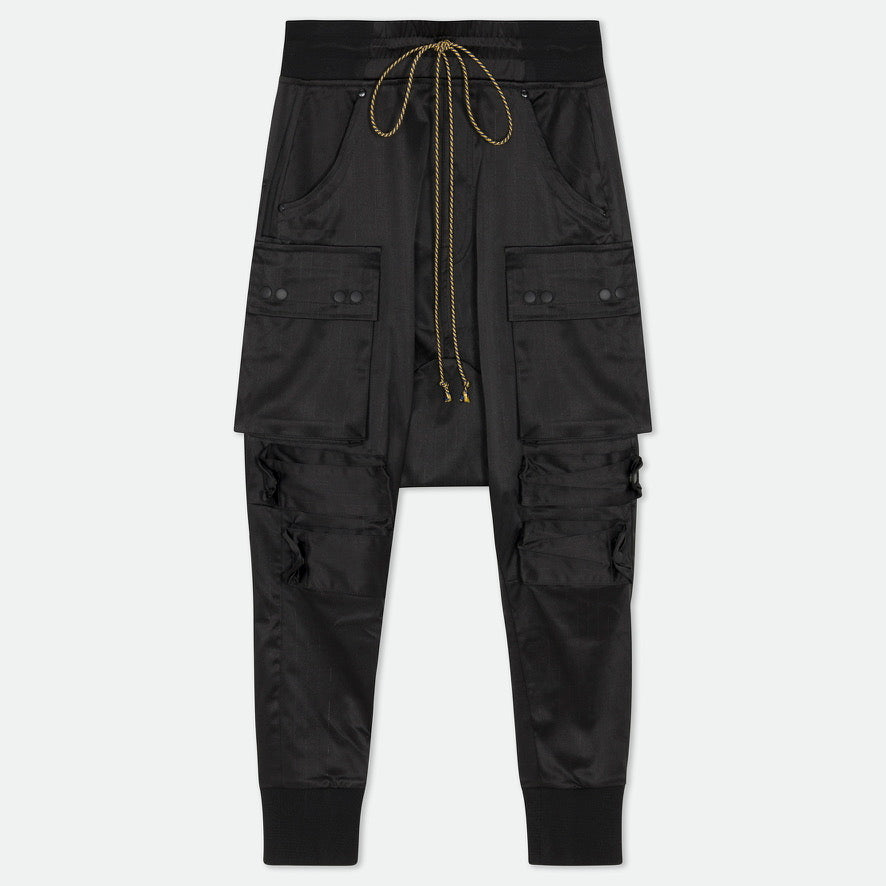 Drop crotch cargo baggy pants satin pencil strips