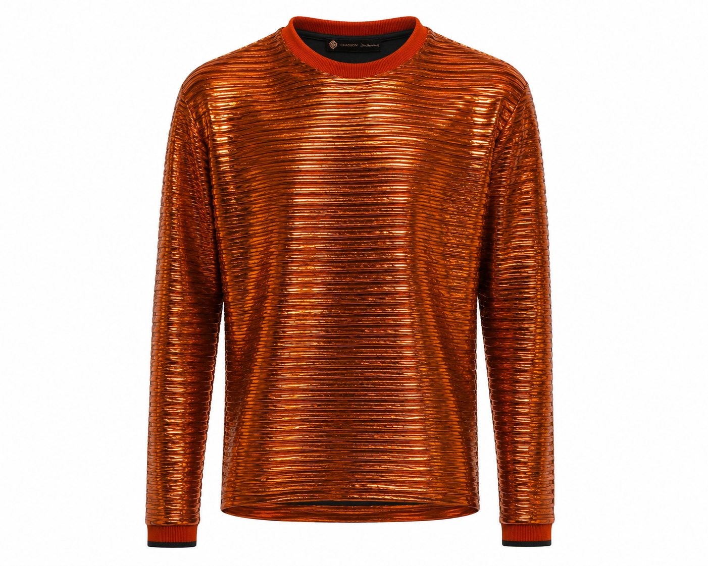 Metallic Foil Ribbed Knit Long Sleeve Top Copper Orange