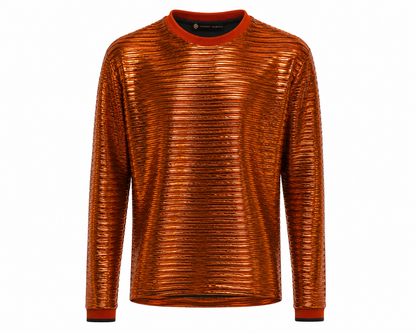 Metallic Foil Ribbed Knit Long Sleeve Top Copper Orange