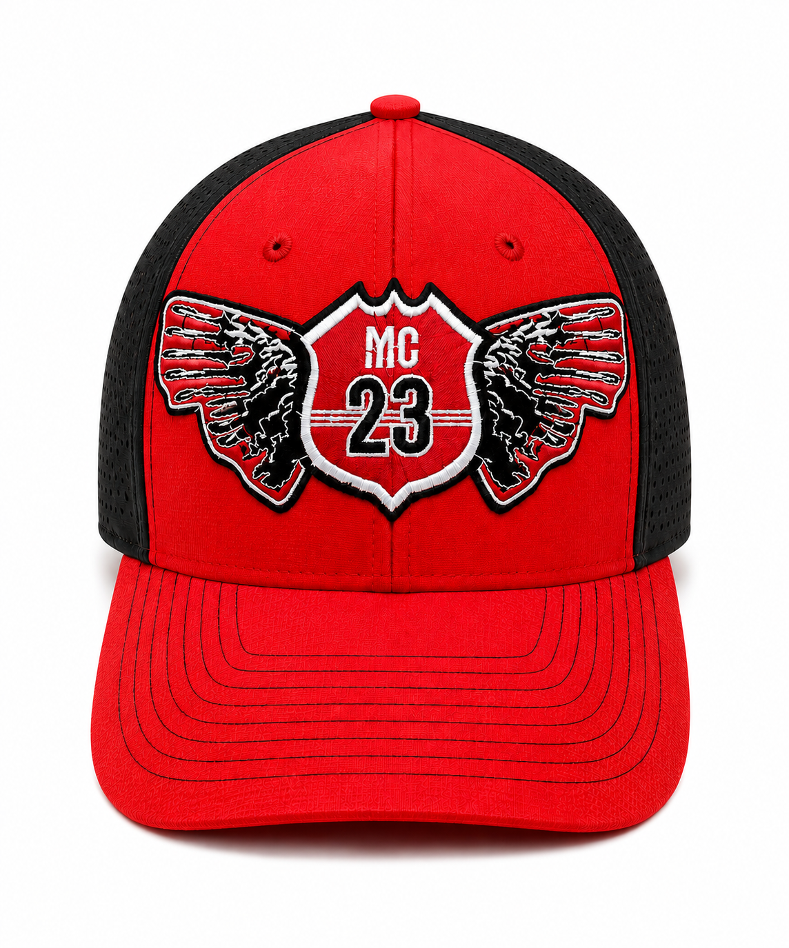 MC 23 Winged Trucker Hat Red and Black