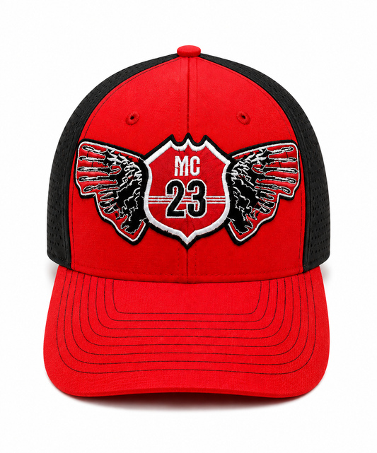 MC 23 Winged Trucker Hat Red and Black