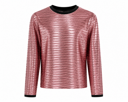 Metallic Foil Ribbed Knit Long Sleeve Top
