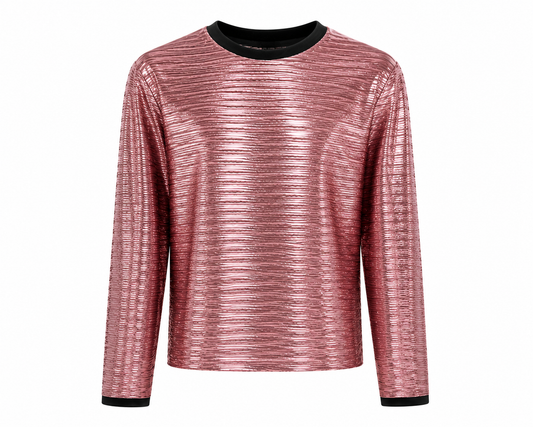 Metallic Foil Ribbed Knit Long Sleeve Top