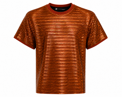Foil Ribbed Knit Short Sleeve Top Copper Orange